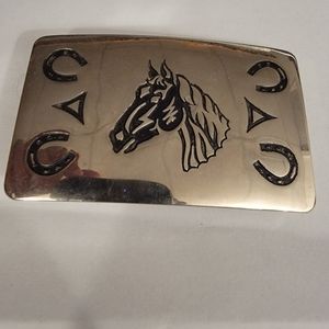 Vintage Chambers Belt Company Horse Head with Lucky Horseshoes. Made in USA.